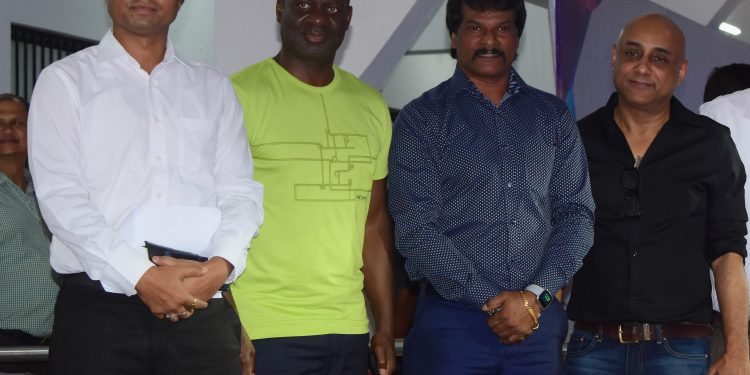 From L: Dilip Tirkey, ben Johnson, Dhanraj Pillay and Sundeep Misra at the Kalinga Stadium, Thursday