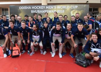 France players along with officials pose for a group photograph upon their arrival at BPIA, Thursday  