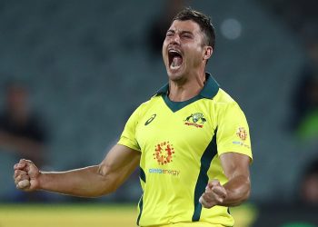 Marcus Stoinis is pumped up after dismissing a South African batsman at Adelaide, Friday