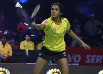 PV Sindhu plays a shot against Busanan Ongbamrungphan in Fuzhou, Thursday