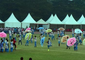 KISS students rehearse with the props for the opening ceremony of men’s hockey World Cup at Kalinga Stadium, Wednesday    