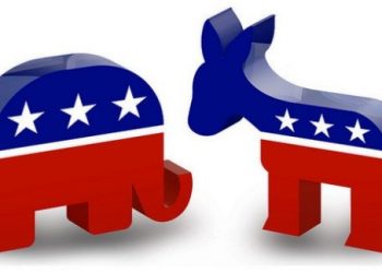 Symbols of the two major political parties in the U.S.: the Republican Party symbolized by the elephant and the Democratic Party by the donkey.