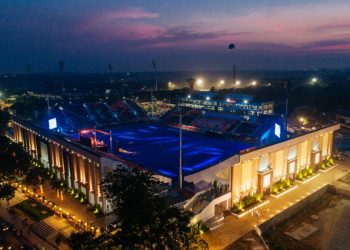 An ariel view of the floodlit Kalinga Stadium in Bhubaneswar 