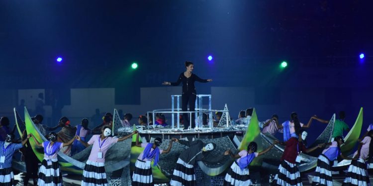 Madhuri Dixit rehearses for the grand Opening ceremony of the Men’s Hockey World Cup at Kalinga Stadium in Bhubaneswar, Monday night   