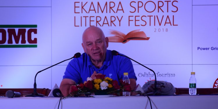 Ric Charlesworth addresses the sports enthusiasts at ESLF in Bhubaneswar, Friday  