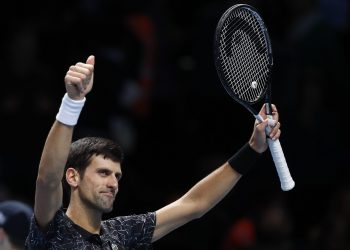 Novak Djokovic celebrates after defeating Alexander Zverev in London, Wednesday