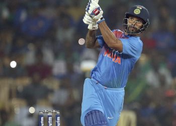 Shikhar Dhawan hits a six against West Indies in Chennai