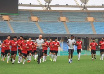 Indian players warm-up during their training session ahead of their match against Jordan, Saturday