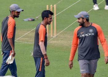 Rohit Sharma (R), Yuzvendra Chahal (C) and Shahbaz Nadeem share a thought during India’s training session at Chennai, Saturday