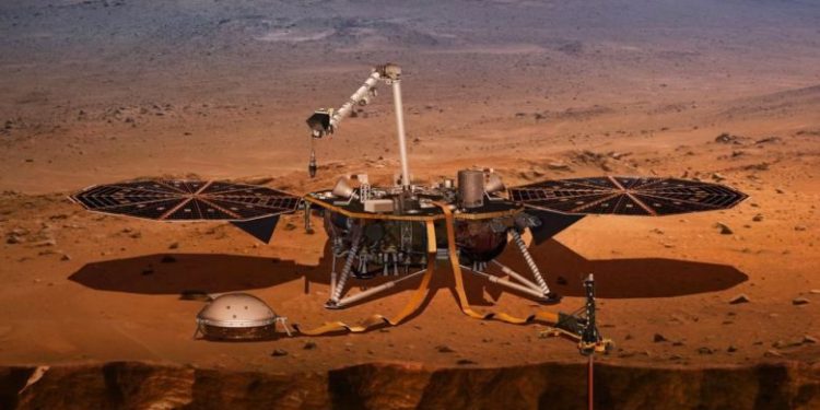 Nasa spacecraft nears Red Planet on mission to detect 'Mars-quakes'. An artist's impression of Nasa's InSight lander probing the "Inner spaces of the canyons".