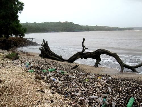 Plastic debris washed up on Coco Beach in Goa, India, where the Mandovi River empties into the Indian Ocean.