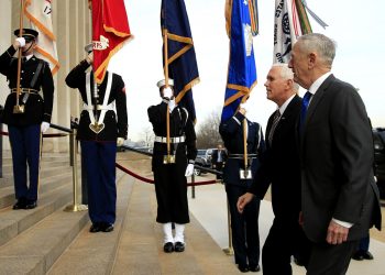 Defense Secretary Jim Mattis welcomes Vice President Mike Pence to the Pentagon, Wednesday, Dec. 19, 2018. (AP)