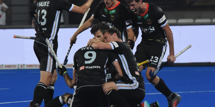 Germany players celebrate after scoring against the Netherlands at the Kalinga Stadium, Wednesday