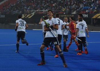 Timothee Clement celebrates after scoring against Spain at the Kalinga Stadium, Monday