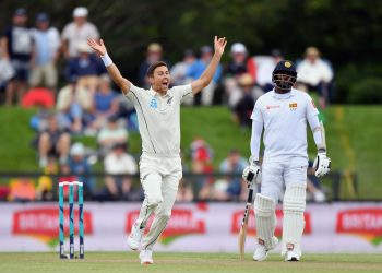 Trent Boult celebrates after taking a Sri Lankan wicket at Christchurch, Thursday