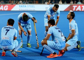 Indian players wear a dejected look after losing their quarterfinal match against the Netherlands in the Men’s Hockey World Cup in Bhubaneswar