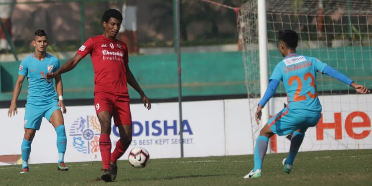 Willis Plaza (in red) scored the only goal against Indian Arrows at the Kalinga Stadium Sunday  