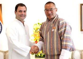 Congress President Rahul Gandhi (L) visiting Bhutanese Prime Minister Lotay Tshering