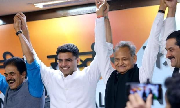 Rajasthan chief minister Ashok Gehlot (second from right) and deputy chief minister Sachin Pilot