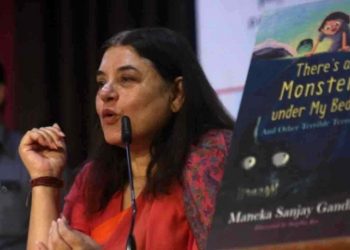 New Delhi: Union Women and Child Development Minister Maneka Gandhi addresses at "Bookaroo"