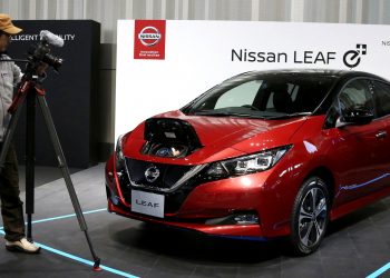 Nissan LEAF e+ is on display at the global headquarters of Nissan Motor Co., Ltd. in Yokohama Wednesday, Jan. 9, 2019. Nissan is showing the beefed up version of its hit Leaf electric car as the Japanese automaker seeks to distance itself from the arrest of its star executive Carlos Ghosn. The event at Nissan Motor Co.'s Yokohama headquarters, southwest of Tokyo, had been postponed when Ghosn was arrested Nov. 19.(AP)