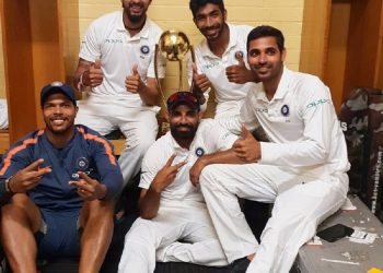 (Clockwise): Indian pacers Ishant Sharma, Jasprit Bumrah, Bhuvneshwar Kumar, Mohammed Shami and Umesh Yadav pose with the Border-Gavaskar trophy in their dressing room at SCG, Monday