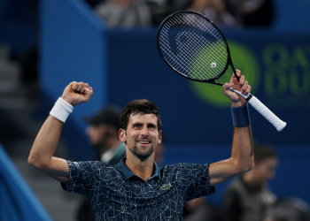 Novak Djokovic celebrates after beating Marton Fucsovics in Doha, Wednesday