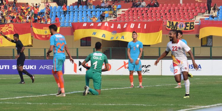 Jobby Justin (R) wheels away in celebration after scoring East Bengal’s second goal against Indian Arrows at Kalinga Stadium, Tuesday                                                 