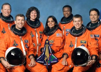 The crew of Shuttle Columbia, STS-107 (l-r): Mission Specialist 1 David M. Brown, Commander Rick D. Husband, Mission Specialist 4 Laurel Blair Salton Clark, Mission Specialist 2 Kalpana Chawla, Payload Commander Michael P. Anderson, Pilot William C. McCool, Payload Specialist 1 Ilan Ramon (NASA)