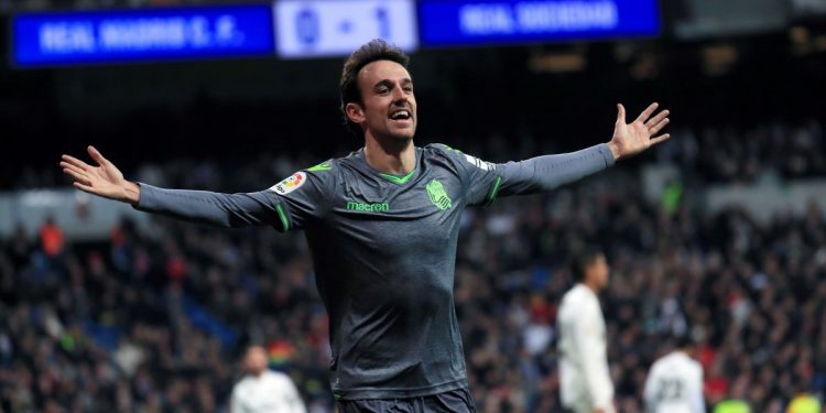 Ruben Pardo celebrates after scoring Real Sociedad’s opener against Real Madrid at Santiago Bernabeu, Sunday