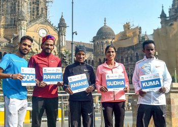 T Gopi, Nitendra Singh Rawat, Amane Gobena, Sudha Singh and Abera Kama in Mumbai (PTI)