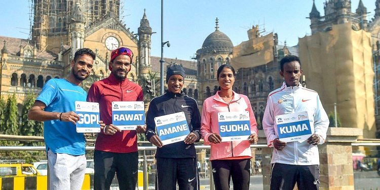 T Gopi, Nitendra Singh Rawat, Amane Gobena, Sudha Singh and Abera Kama in Mumbai (PTI)