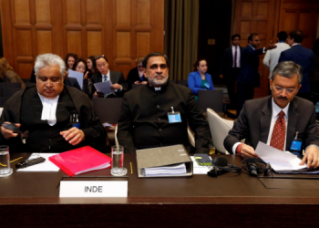 Indian Lawyer Harish Salve, VD Sharma and Deepak Mittal, Joint Secretaries, Indian Ministry of External Affairs at the ICJ during the hearing