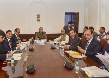 Finance Minister Arun Jaitley and other officials during the GST council meeting at New Delhi, Wednesday