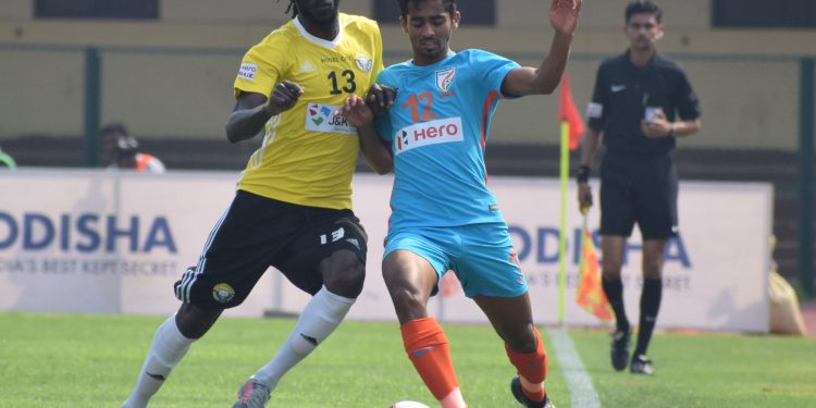 Action during the match between Indian Arrows and Real Kashmir at the Kalinga Stadium in Bhubaneswar, Sunday