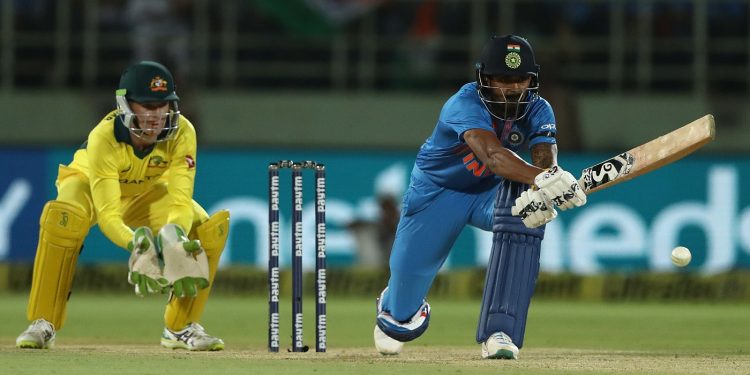 KL Rahul unfurls a reverse-sweep during his innings against Australia at Visakhapatnam, Sunday