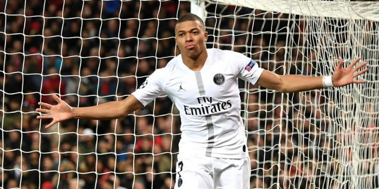 PSG’s Kylian Mbappe celebrates after scoring against Manchester United, Wednesday