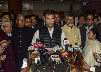 Congress president Rahul Gandhi along with leaders of other opposition parties, addressing the media, Wednesday