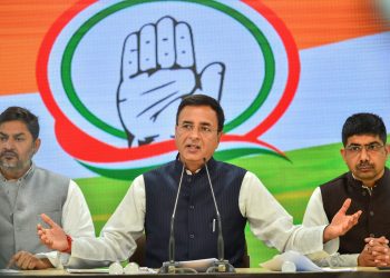 Congress’ chief spokesperson Randeep Surjewala and other officials during the press conference in New Delhi, Thursday