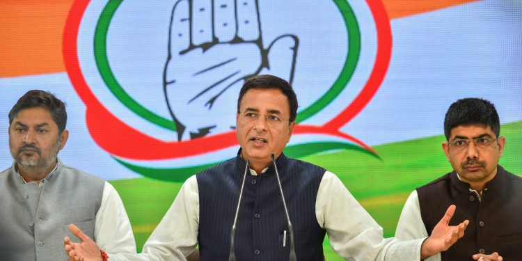 Congress’ chief spokesperson Randeep Surjewala and other officials during the press conference in New Delhi, Thursday