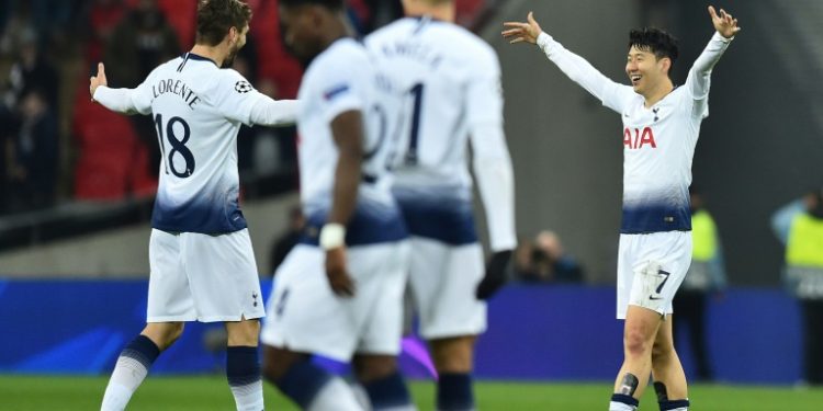 Son Heung-min (No.7) celebrates after scoring against Dortmund, Wednesday