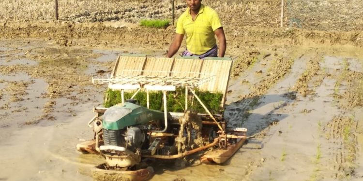 Prashant Kumar Biswal with a transplantation machine in his farmland