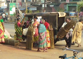 Women carry sal wood to be used for making tooth picks