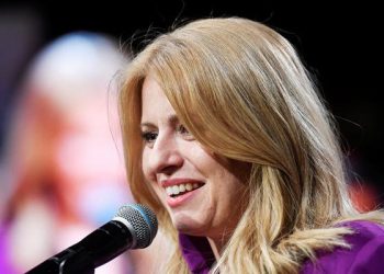 Zuzana Caputova speaks at her party's headquarters in Bratislava Saturday after winning Slovakia's presidential election. (REUTERS)