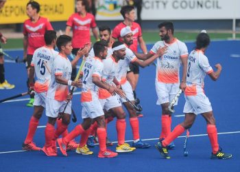 Indian players celebrate after scoring a goal against Korea in Ipoh, Sunday  