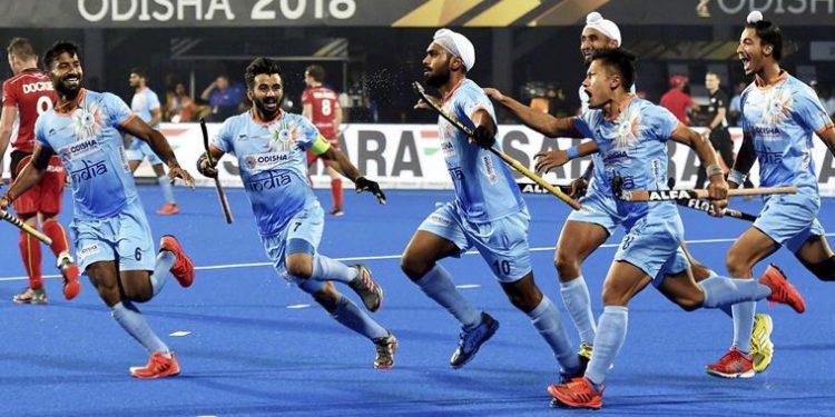 Bhubaneswar: India (blue) Captain Manpreet Singh celebrates with teammates after a goal during a match against Belgium(red) for Men's Hockey World Cup 2018, in Bhubaneswar, Sunday, Dec 02, 2018. (PTI Photo/Ashok Bhaumik)(PTI12_2_2018_000176A)