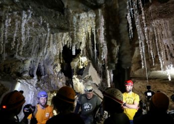 Israeli cave explorers show the Malham cave inside Mount Sodom, located at the southern part of the Dead Sea in Israel (AFP)