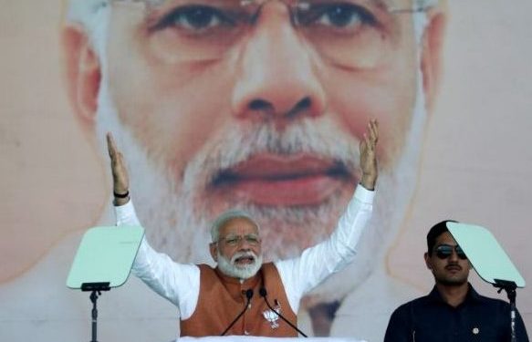 Prime Minister Narendra Modi gestures as he addresses an election campaign rally in Meerut, Uttar Pradesh, March 28, 2019. (REUTERS)