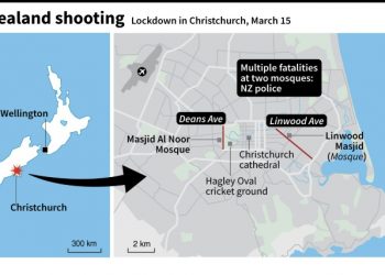 Map of Christchurch, New Zealand, showing Deans Ave and Linwood Ave where NZ police have reported 'multiple fatalities' at two mosques (AFP)