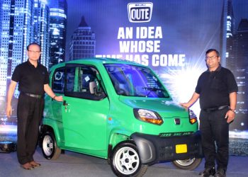 Bajaj Auto officials Prashant R Ahir (L) and Mukesh Kumar Tiwari during the launch of Qute in Bhubaneswar, Thursday